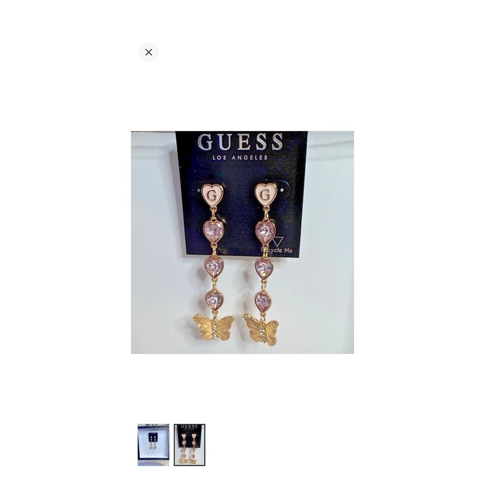 NWT GUESS Gold Tone Butterfly & Triple Heart‎ Crystal Dangle Drop Earrings y2k